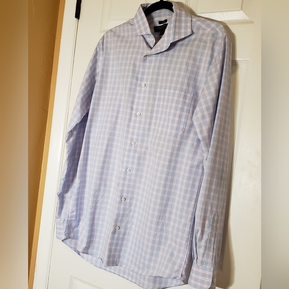 Pronto Uomo Men's Blue Plaid Slim Fit Non Iron Dress Shirt Size 16 36/37 Tall - Picture 5 of 12